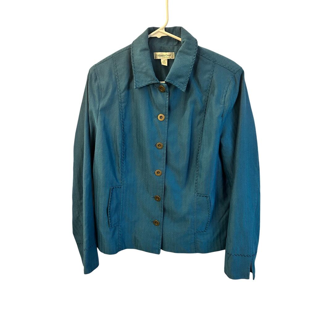 Y2K Vintage Coldwater Creek Teal Blue Chevron Blazer Zig Zag Stitching